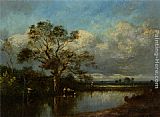 An Autumn Landscape with Cows Near a Stream Paintings - Cows in a Landscape by Leon Victor Dupre